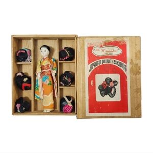 Vintage The Hanako Trademark Japanese Doll With 6 Wigs in Original Wooden Box